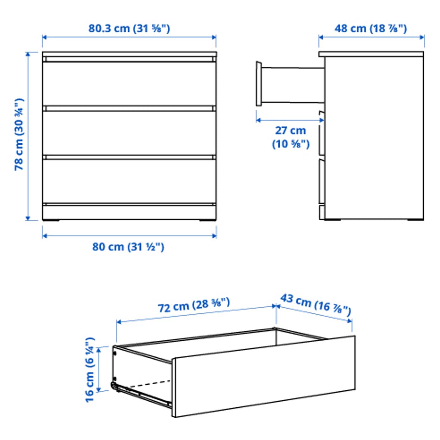 IKEA MALM Kommode mit 3 Schubladen weiß 80x78 cm Bestseller