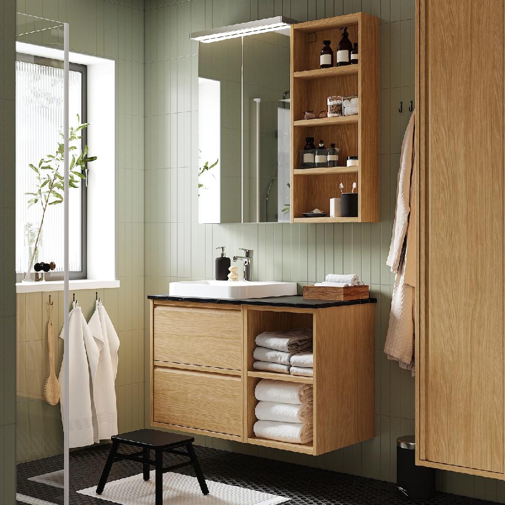 IKEA ÄNGSJÖN / BACKSJÖN Waschbeckenschr./Waschb./Mischbat. Eichenachbildung/schwarz marmoriert 102x49x71 cm Clearance-Verkauf