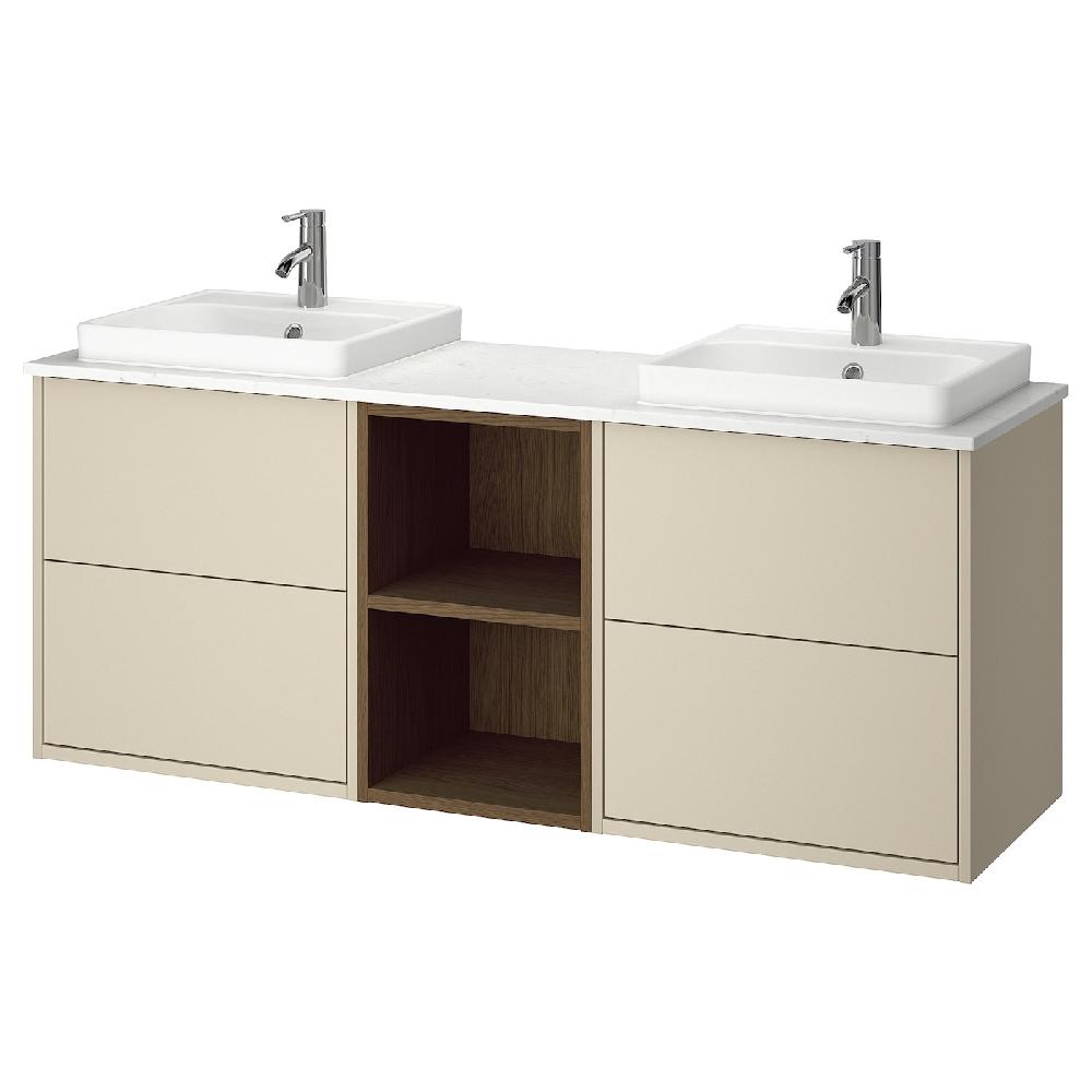 IKEA HAVBÄCK / ORRSJÖN Waschbeckenschr./2Waschb./2Mischba. Eichenachbildung beige/braun/weiß marmoriert 162x49x71 cm