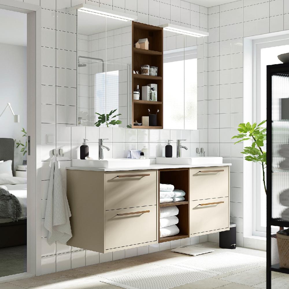 IKEA HAVBÄCK / ORRSJÖN Waschbeckenschr./2Waschb./2Mischba. Eichenachbildung beige/braun/weiß marmoriert 162x49x71 cm zollfrei