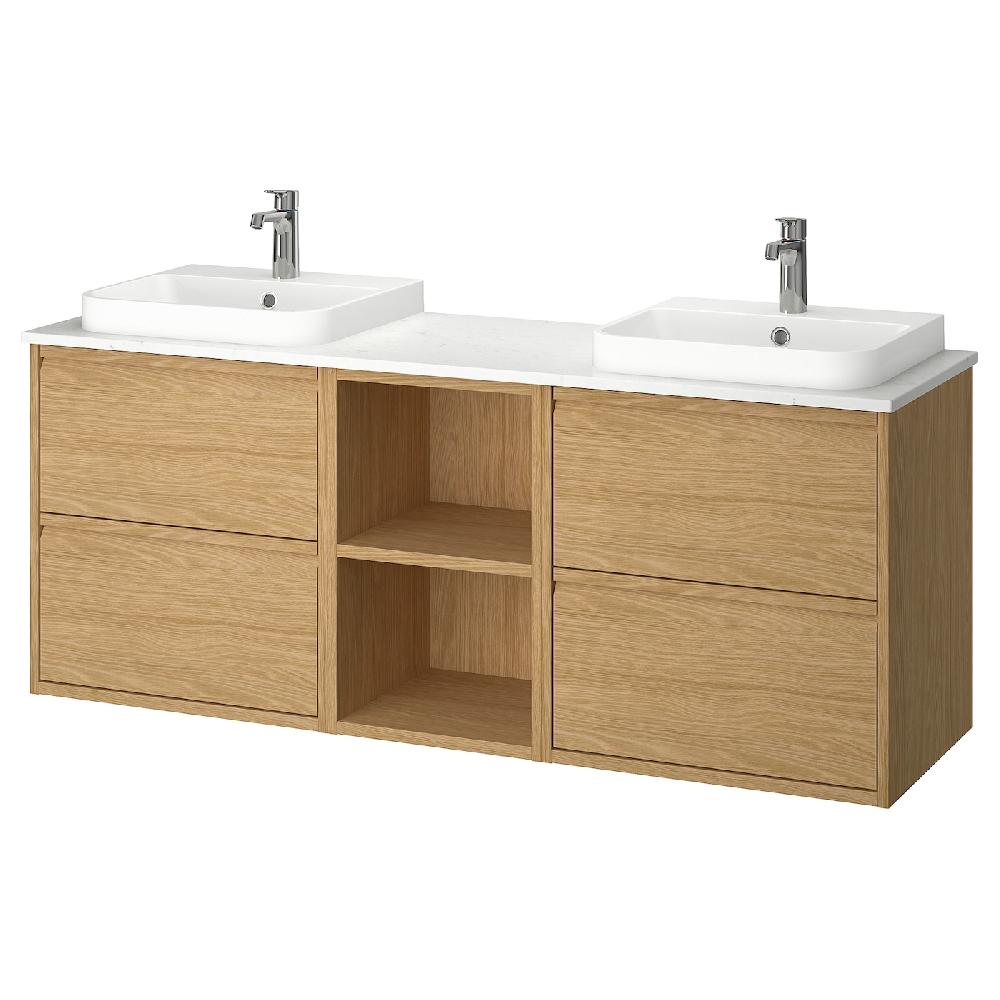 IKEA ÄNGSJÖN / BACKSJÖN Waschbeckenschr./2Waschb./2Mischba. Eichenachbildung/weiß marmoriert 162x49x71 cm