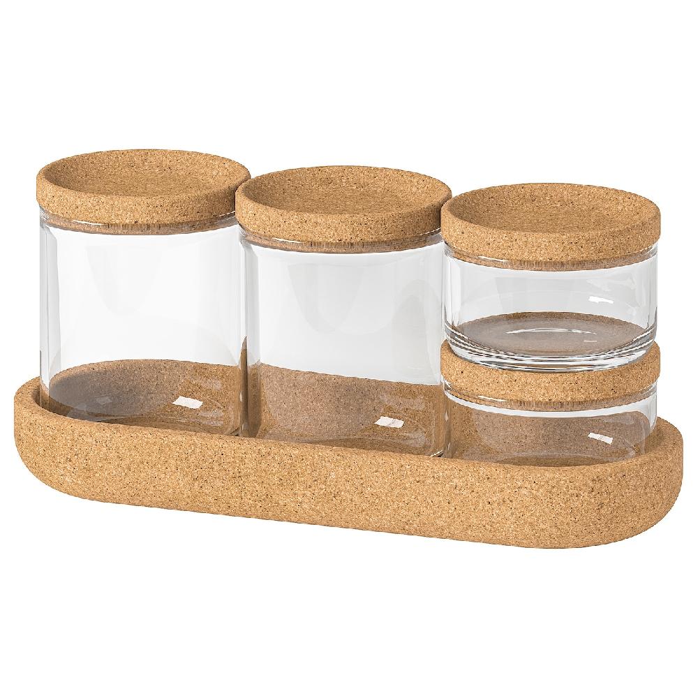 IKEA SAXBORGA 4 Gläser/Deckel + Tablett 5er-Set Glas Kork