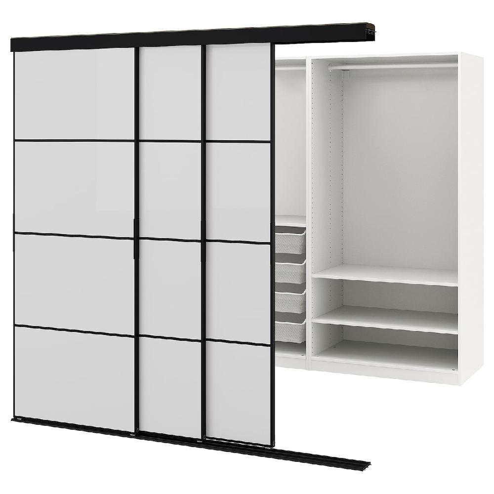 IKEA SKYTTA / PAX Kleiderschrank+Schiebetüren begehb. schwarz/Hokksund Hgl hgra 226x160x205 cm