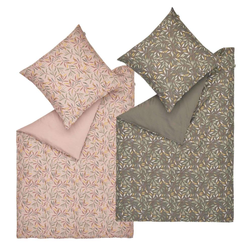 wohndirekt Satin Bettwäsche Leaves mit Blättermotiv und Püncktchen