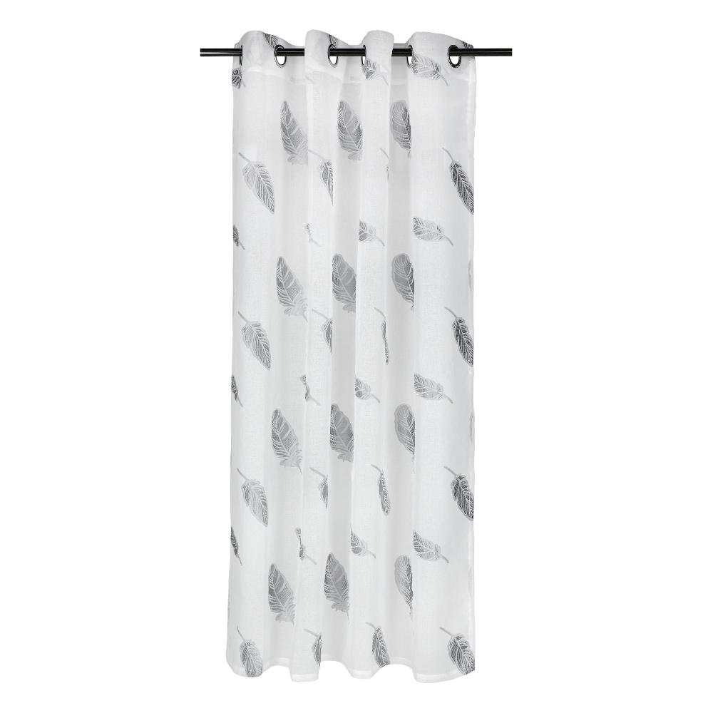 wohndirekt Transparenter Ösenschal mit grauen Federn auf hellem Stoff 140x160cm